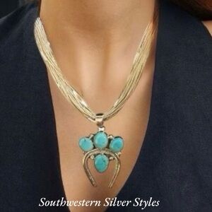 Southwestern Boho Chic Turquoise Sterling Liquid Silver Squash Blossom Necklace